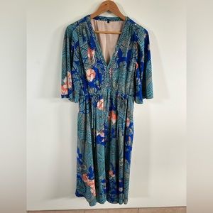 KOBI HALPERIN Dress Maxi V-neck 3/4 Sleeve Floral Womens Large